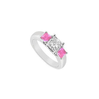 Three Stone Diamond and Pink Sapphire Ring : 14K White Gold - 0.50 CT TGW