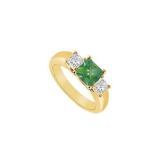 Three Stone Emerald and Diamond Ring : 14K Yellow Gold - 0.50 CT TGW