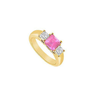 Three Stone Pink Sapphire and Diamond Ring : 14K Yellow Gold - 0.50 CT TGW