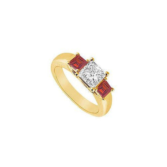 Three Stone Diamond and Ruby Ring : 14K Yellow Gold - 0.50 CT TGW