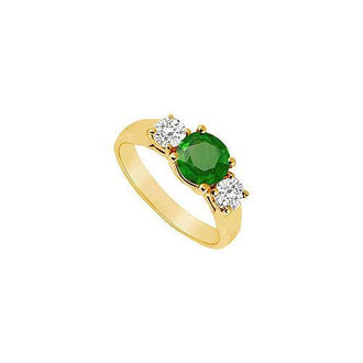 Three Stone Emerald and Diamond Ring : 14K Yellow Gold - 0.50 CT TGW