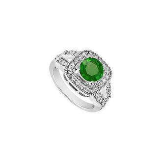 Emerald and Diamond Engagement Ring : 14K White Gold - 1.50 CT TGW