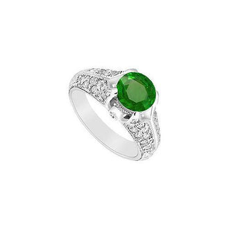 Emerald and Diamond Engagement Ring : 14K White Gold - 1.00 CT TGW