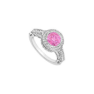 Pink Sapphire and Diamond Halo Engagement Ring : 14K White Gold - 2.00 CT TGW