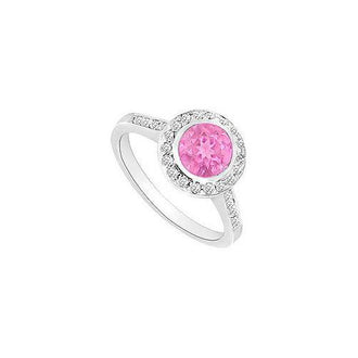 Pink Sapphire and Diamond Halo Engagement Ring : 14K White Gold - 1.50 CT TGW