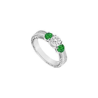 Three Stone Emerald and Diamond Ring : 14K White Gold - 0.33 CT TGW