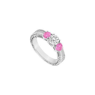 Three Stone Pink Sapphire and Diamond Ring : 14K White Gold - 0.33 CT TGW