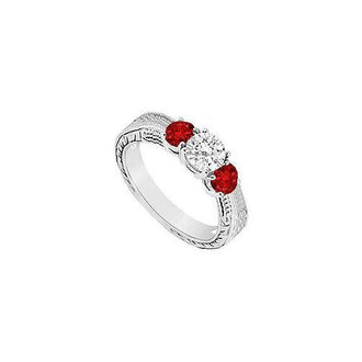 Three Stone Ruby and Diamond Ring : 14K White Gold - 0.33 CT TGW