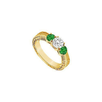 Three Stone Emerald and Diamond Ring : 14K Yellow Gold - 0.33 CT TGW