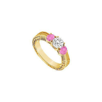 Three Stone Pink Sapphire and Diamond Ring : 14K Yellow Gold - 0.33 CT TGW