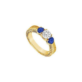 Three Stone Sapphire and Diamond Ring : 14K Yellow Gold - 0.33 CT TGW