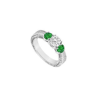 Three Stone Emerald and Diamond Ring : 14K White Gold - 0.50 CT TGW