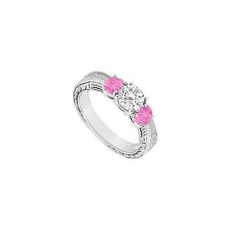 Three Stone Pink Sapphire and Diamond Ring : 14K White Gold - 0.50 CT TGW