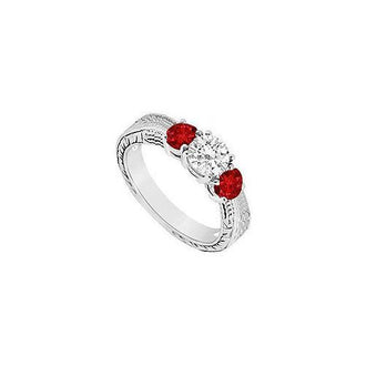 Three Stone Ruby and Diamond Ring : 14K White Gold - 0.50 CT TGW