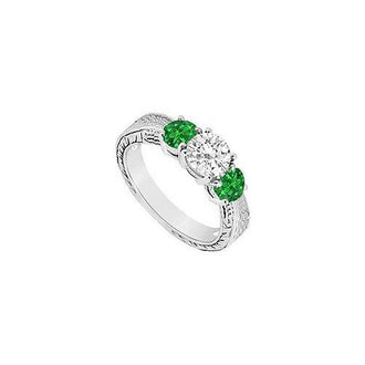 Three Stone Emerald and Diamond Ring : 14K White Gold - 0.75 CT TGW