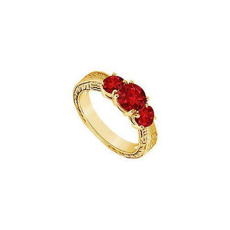 Ruby Three Stone Ring : 14K Yellow Gold - 0.75 CT TGW