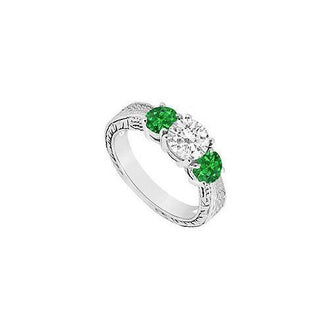 Three Stone Emerald and Diamond Ring : 14K White Gold - 1.00 CT TGW