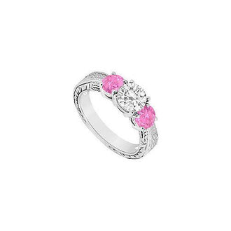 Three Stone Pink Sapphire and Diamond Ring : 14K White Gold - 1.00 CT TGW