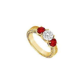 Three Stone Ruby and Diamond Ring : 14K Yellow Gold - 1.00 CT TGW