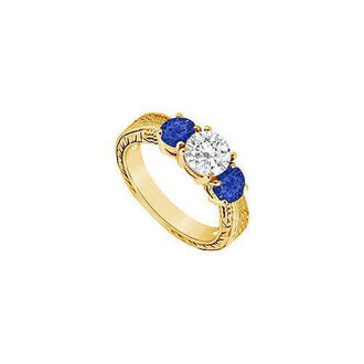 Three Stone Sapphire and Diamond Ring : 14K Yellow Gold - 1.00 CT TGW