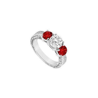 Three Stone Ruby and Diamond Ring : 14K White Gold - 1.25 CT TGW