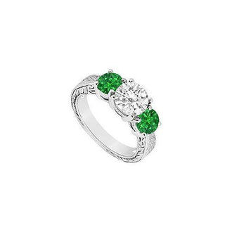 Three Stone Emerald and Diamond Ring : 14K White Gold - 1.50 CT TGW