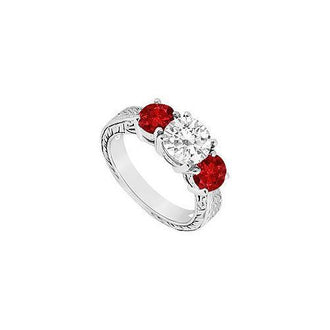 Three Stone Ruby and Diamond Ring : 14K White Gold - 1.50 CT TGW