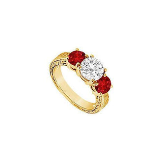Three Stone Ruby and Diamond Ring : 14K Yellow Gold - 1.50 CT TGW