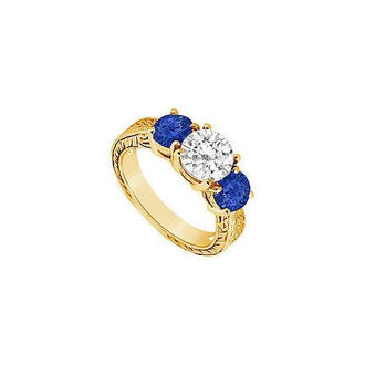 Three Stone Sapphire and Diamond Ring : 14K Yellow Gold - 1.50 CT TGW