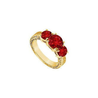 Ruby Three Stone Ring : 14K Yellow Gold - 1.50 CT TGW