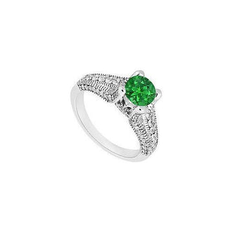 Emerald and Diamond Engagement Ring : 14K White Gold - 1.00 CT TGW