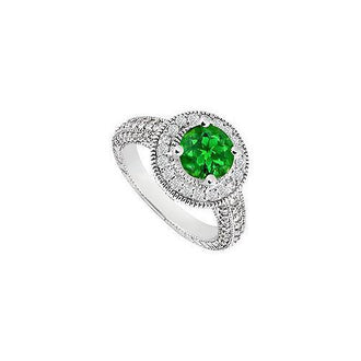 Emerald and Diamond Halo Engagement Ring : 14K White Gold 1.30 CT TGW