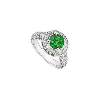 Emerald and Diamond Halo Engagement Ring : 14K White Gold - 1.75 CT TGW