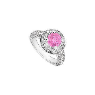 Pink Sapphire and Diamond Halo Engagement Ring : 14K White Gold - 2.15 CT TGW