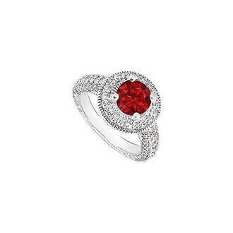 Ruby and Diamond Halo Engagement Ring : 14K White Gold - 2.15 CT TGW