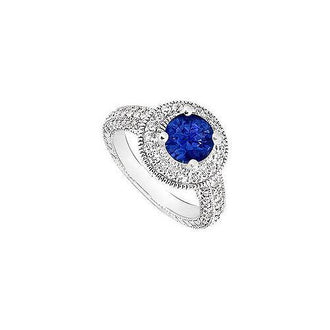 Sapphire and Diamond Halo Engagement Ring : 14K White Gold - 2.15 CT TGW