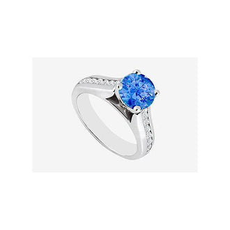 Natural Sapphire with Channel set side Diamond Engagement Ring in 14K White Gold 1.10 Carat TGW