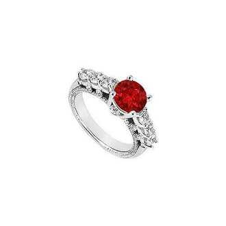 Ruby and Diamond Engagement Ring : 14K White Gold - 1.00 CT TGW