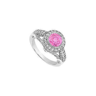 Pink Sapphire and Diamond Halo Engagement Ring : 14K White Gold - 1.75 CT TGW