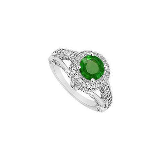 Emerald and Diamond Engagement Ring : 14K White Gold - 1.50 CT TGW