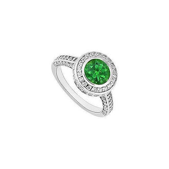 Emerald and Diamond Halo Engagement Ring : 14K White Gold - 1.75 CT TGW