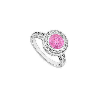 Pink Sapphire and Diamond Halo Engagement Ring : 14K White Gold - 2.00 CT TGW