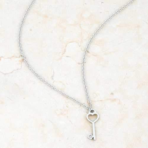 Kina 0.015ct CZ Rhodium Stainless Steel Key Drop Necklace