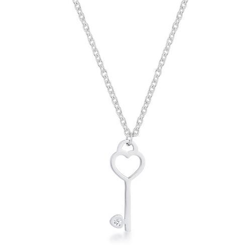 Kina 0.015ct CZ Rhodium Stainless Steel Key Drop Necklace