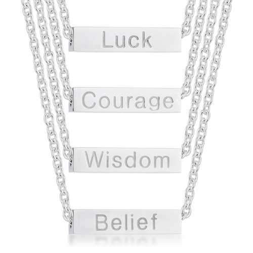 Luck Rhodium Stainless Steel Bar Script Necklace