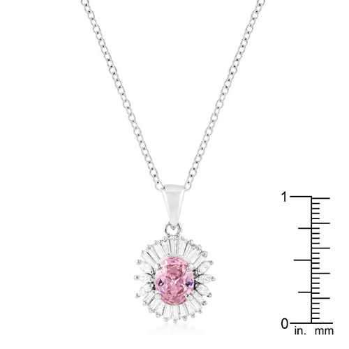 Rhodium Plated Pink CZ Oval Halo Pendant