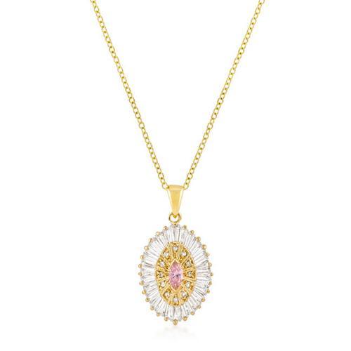 Goldtone Pink and Clear CZ Oval Halo Pendant