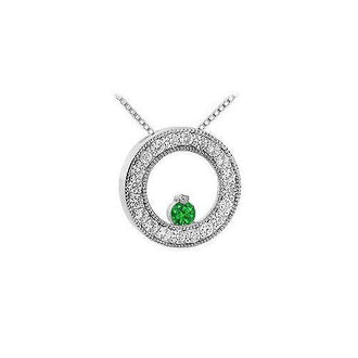 Emerald and Diamond Circle Pendant : 14K White Gold - 1.00 CT TGW