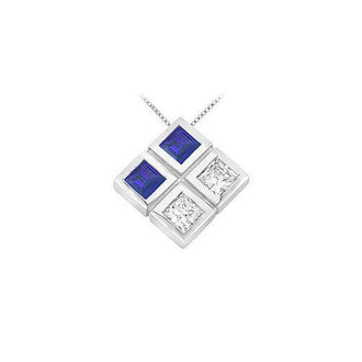 Blue Sapphire and Diamond Pendant : 14K White Gold - 1.00 CT TGW