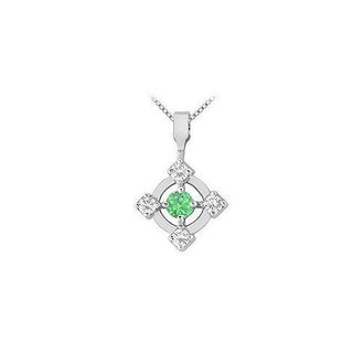 Emerald and Diamond + Pendant : 14K White Gold - 0.50 CT TGW